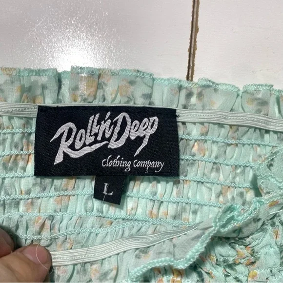 Roll’n Deep Clothing Company BlueishGreen Smocked  Ballon Sleeves Floral Dress L - Picture 11 of 13